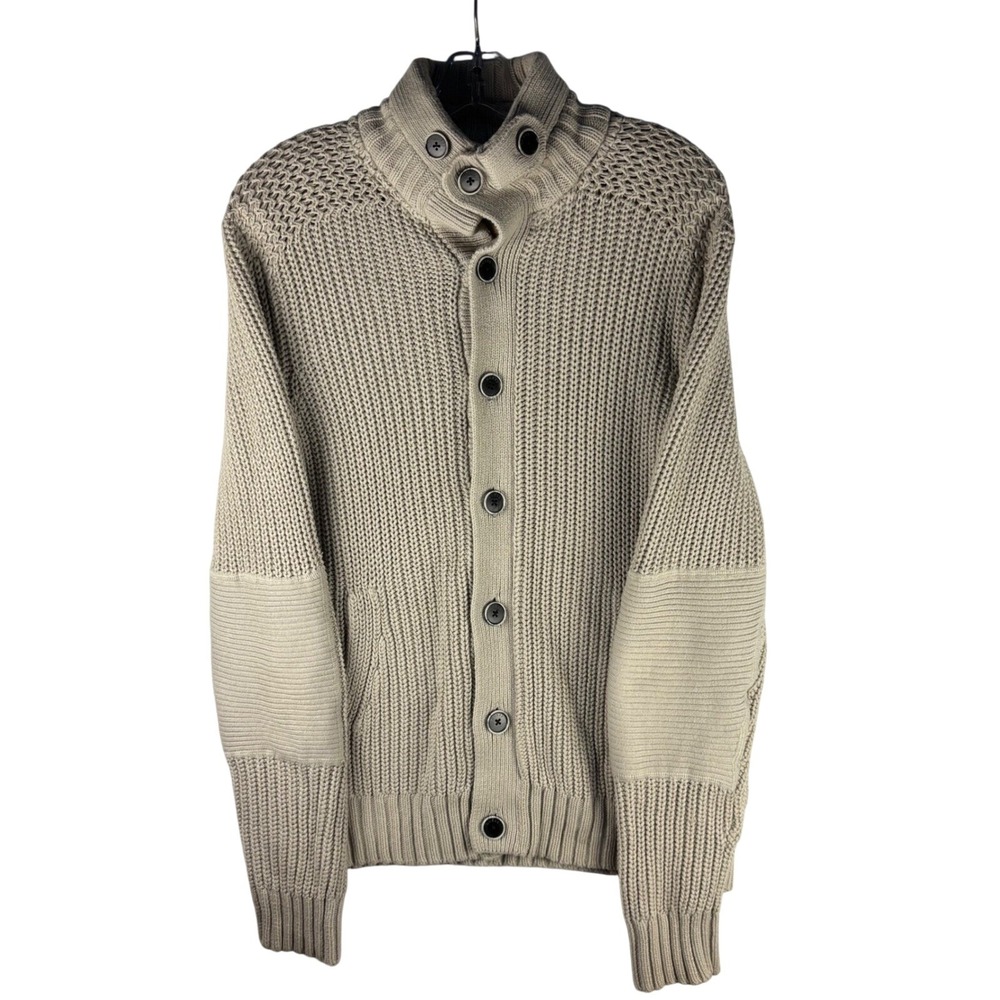 Vtg  Guess Mens Tan Chunky Knit Button Cardigan Sweater Elbow Patch Mock Neck